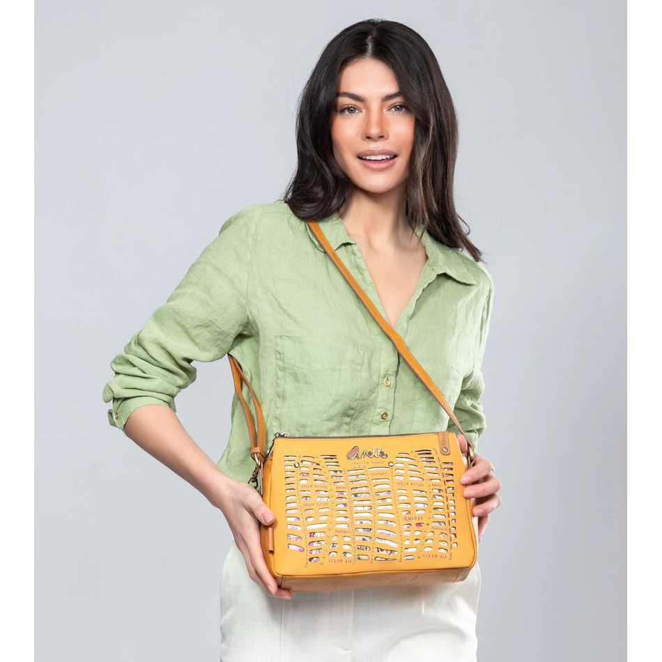 Borsa A Tracolla Anekke Nature Pachamama Ocra Con 3 Scomparti